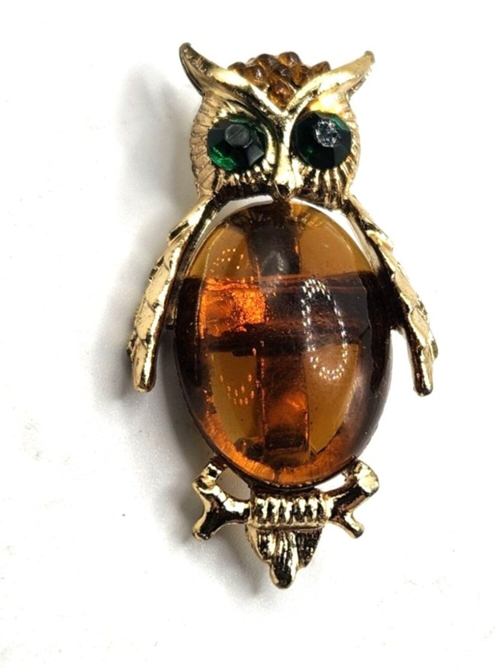 Vintage Gold-Tone Owl Brooch With Amber-Colored Glass Body & Green Rhinestone Ey